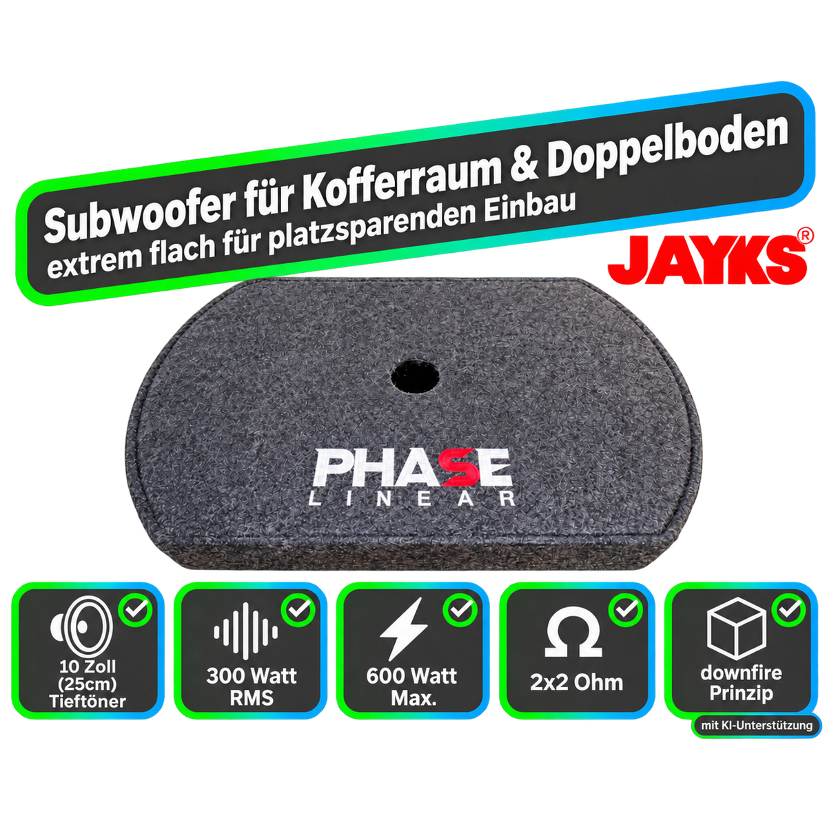 SUB FL | Auto-Subwoofer 300 Watt downfire | ideal für Kofferraum oder Doppelboden